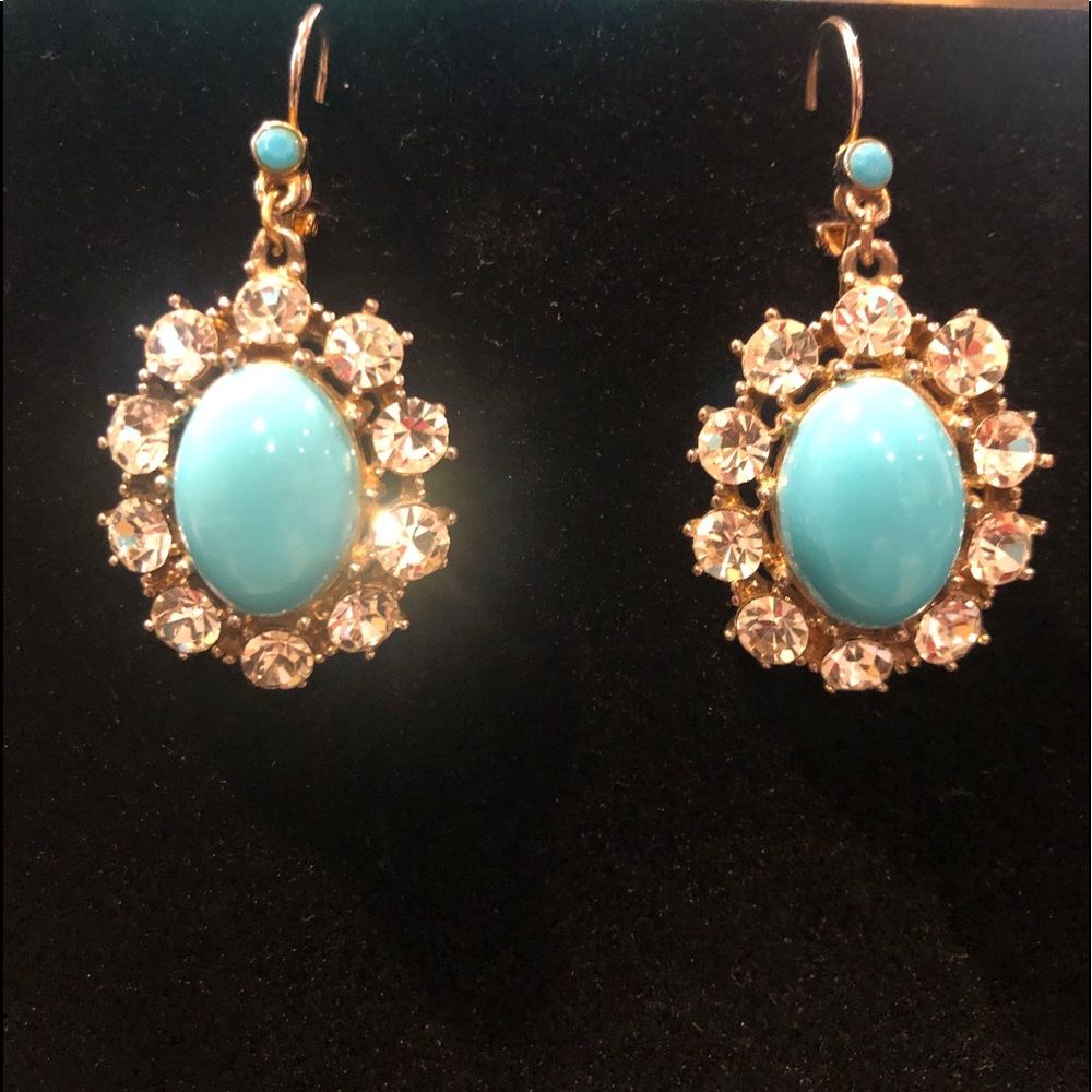 Vintage RJ Graziano Turquoise Rhinestone Earrings Platinum Plated Hallmarked - Picture 2 of 4